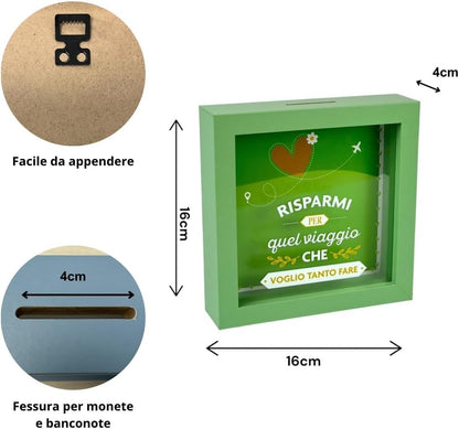 Salvadanaio Quadretto – “Risparmi per Quel Viaggio che Voglio Tanto Fare” ✈️💚