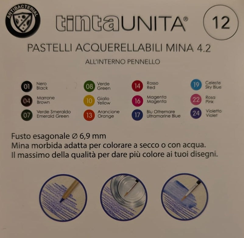 Pastelli Acquerellabili Tinta Unita 12 pezzi con pennello